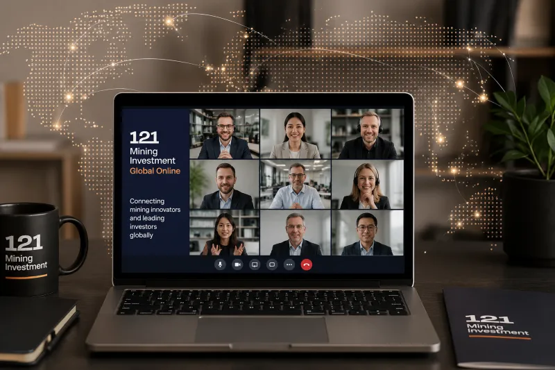 Laptop displaying a virtual meeting for 121 Mining Investment Global Online